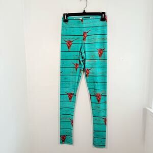 Goldsheep Teal Orange Western Bull Skull Athletic Leggings Size Small